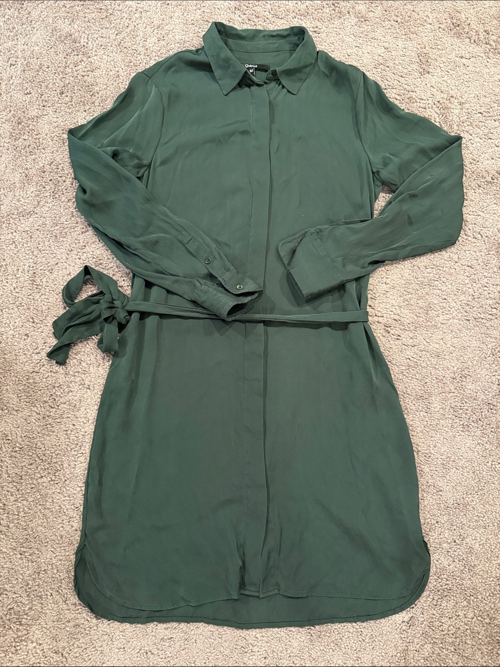 Quince Silk Forest Green Long-Sleeve Shirt Dress with Waist Tie